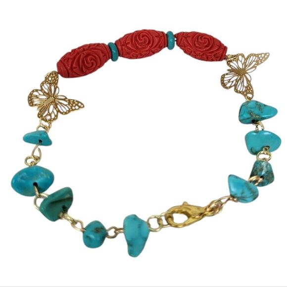Hand Crafted Jewelry - 14K Natural Chip Stone Beads Firebrick Carved Cinnabar Turquoise Heishi Bracelet